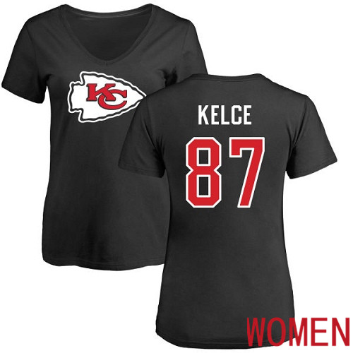 Women Football Kansas City Chiefs #87 Kelce Travis Black Name and Number Logo Slim Fit T-Shirt